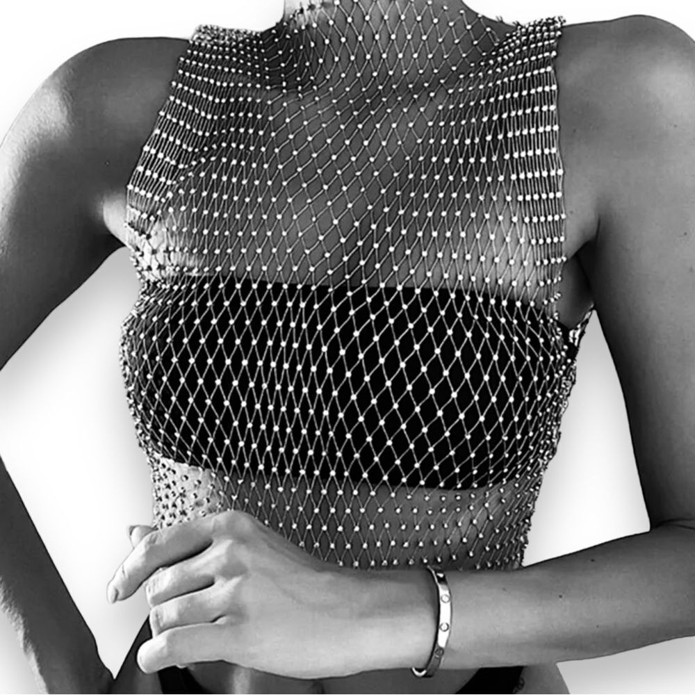 White Mesh Rhinestone Crop Top One Size - NWT